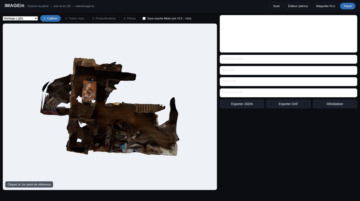 Écran Tracer d'IMAGEin : le maillage du scan vu du dessus, les étapes Calibrer, Tracer murs, Portes et fenêtres, Pièces, et les boutons Exporter JSON et Exporter DXF