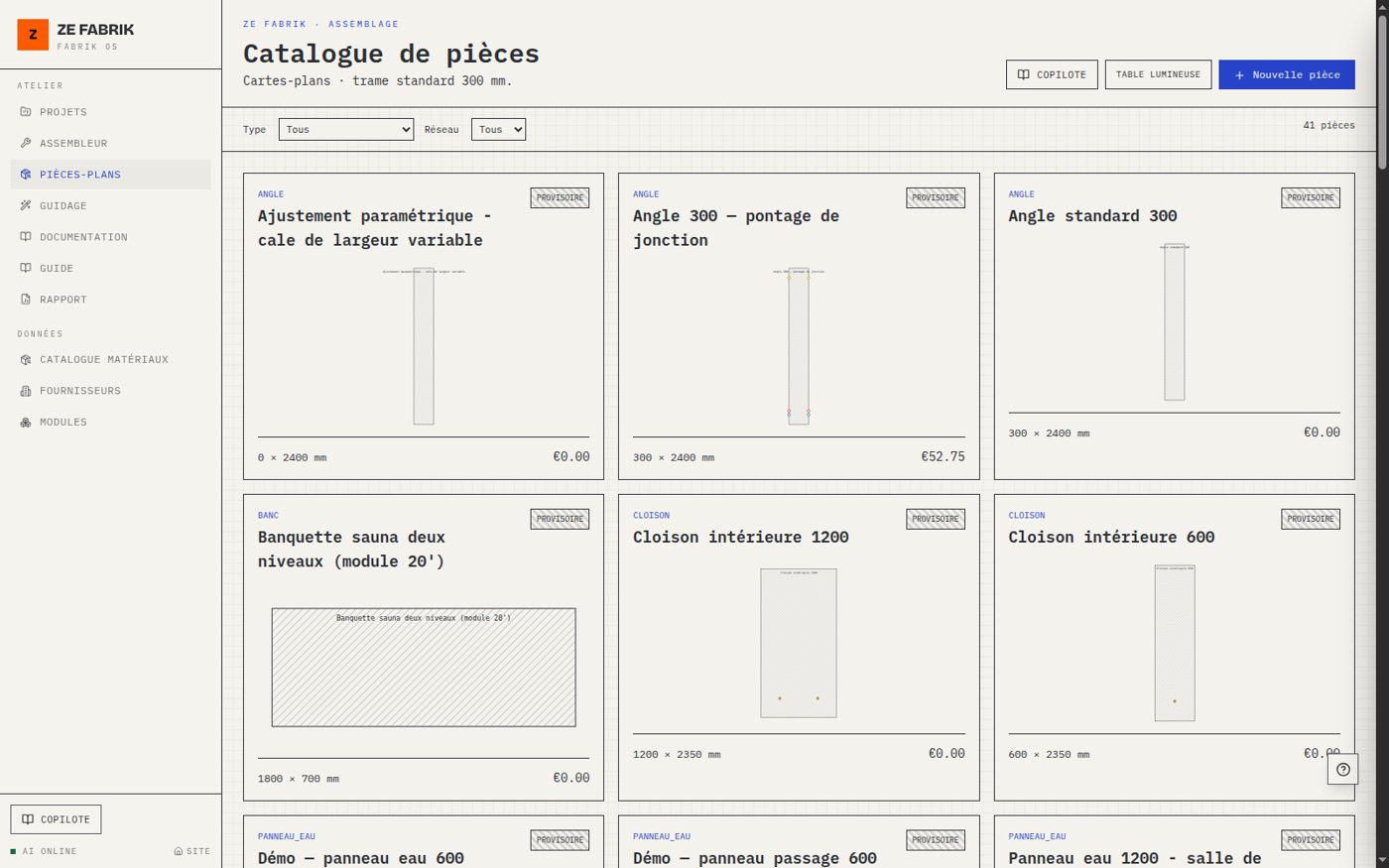 Catalogue des pièces : cartes-plans dessinées depuis les données de chaque panneau préfabriqué