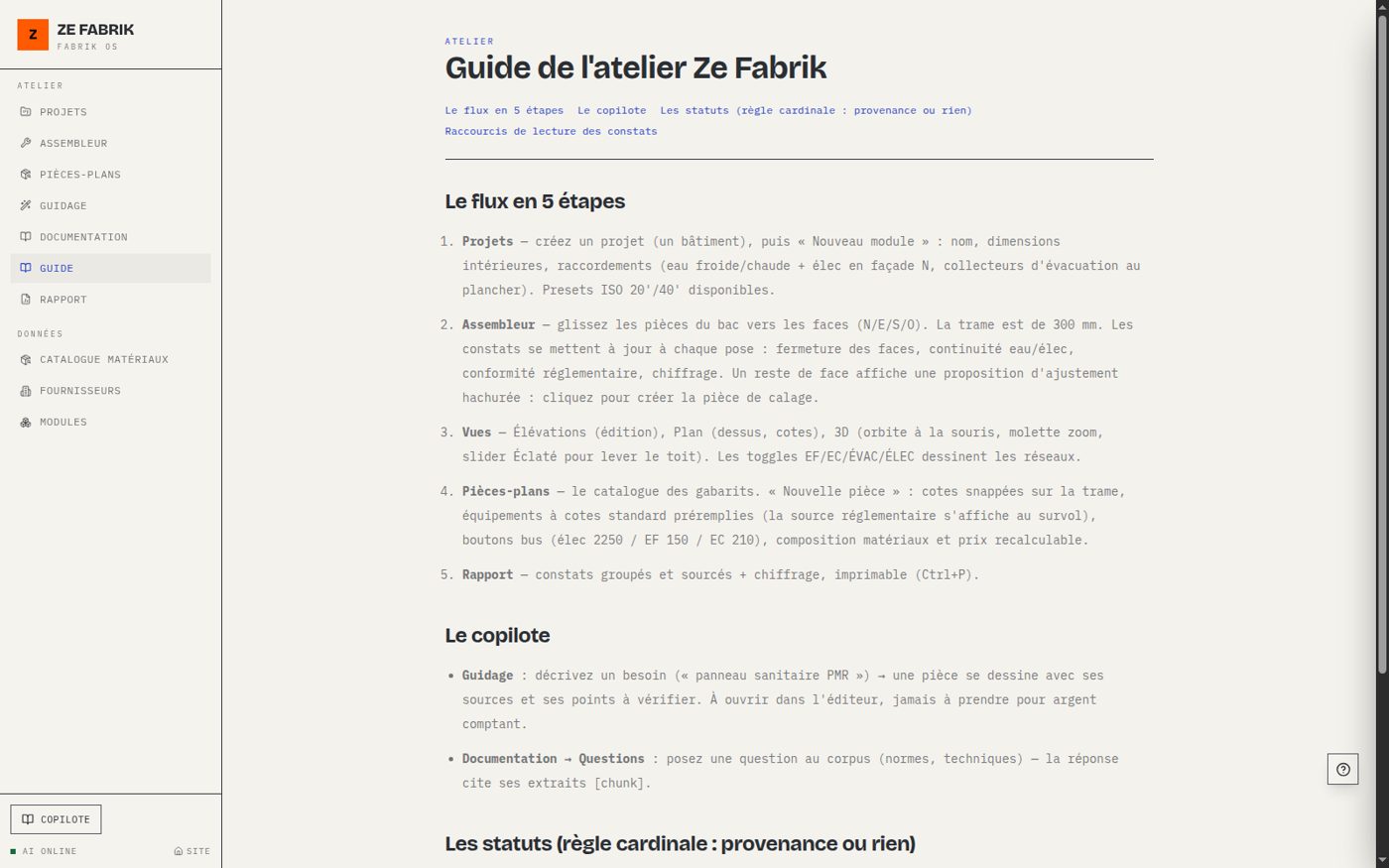 Guide d'utilisation intégré à l'application